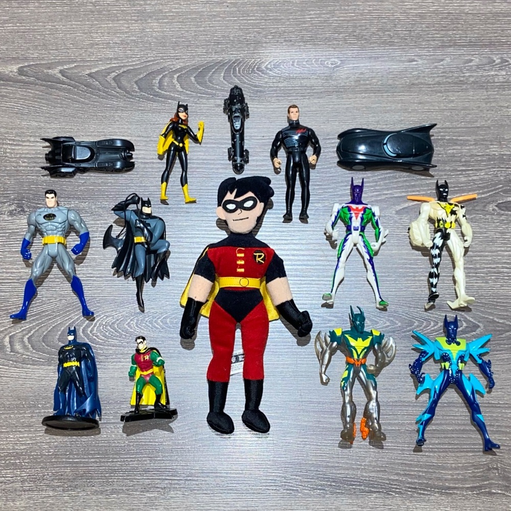 VINTAGE BATMAN DC Comics Mixed Action Figures & Batmobile Cars Lot Of 14ea